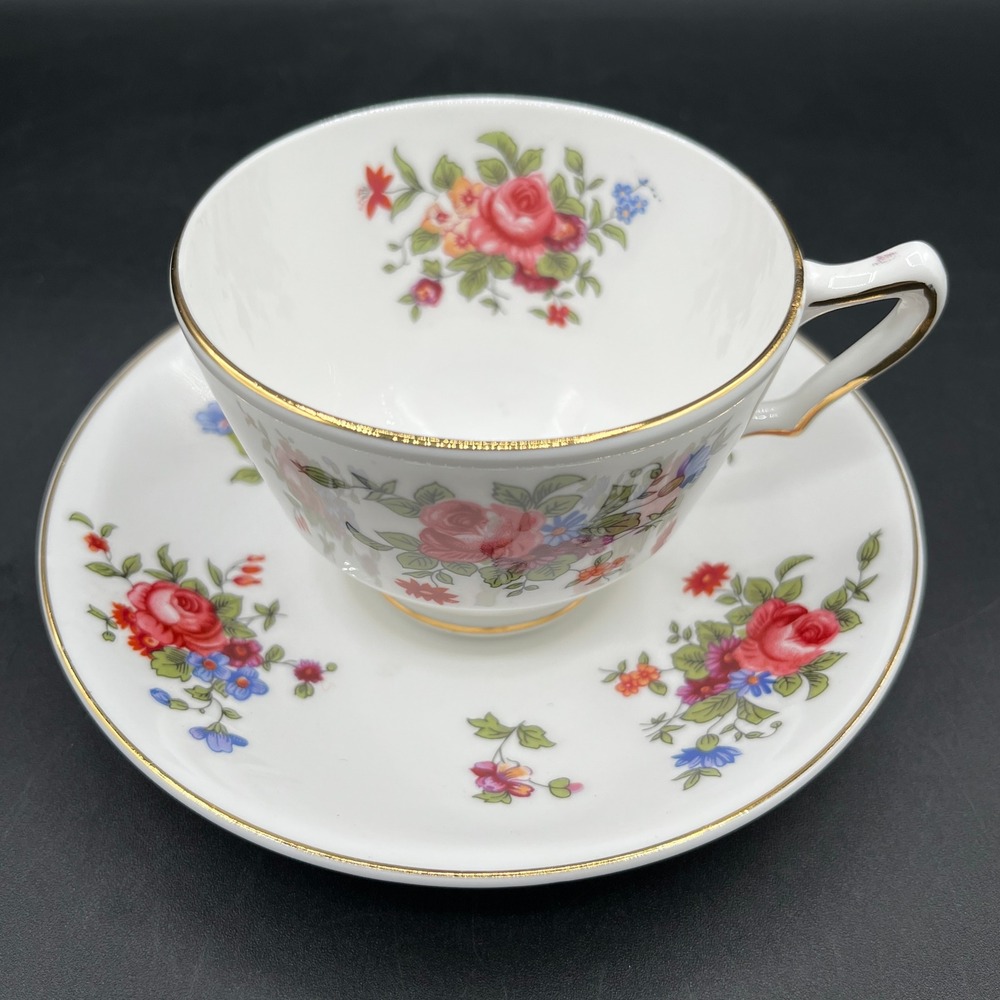 Crown Staffordshire Floral Fine Bone China Teacup Saucer Set Rose Spray England